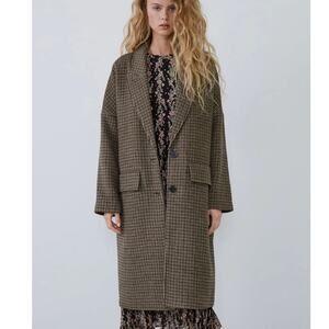 ZARA Oversized Houndstooth Wool Blend Overcoat Large